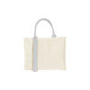 A horizontal canvas tote bag in cream with grey handles. The bag has a simple design and includes a logo.