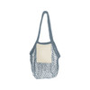 A mesh foldaway cotton tote bag in navy with a cream pocket, featuring a logo on the side.