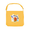 A yellow canvas tote bag with a long strap and a logo featuring a paint palette and brush.