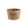 A brown paper cup sleeve with a ribbed texture and printed text, featuring a branding logo.