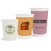 Three paper cups of varying sizes and designs, featuring light colours, with logos and printed graphics.