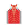 A red athletics singlet with a racerback design featuring a chevron pattern and black stripes along the sides.