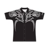 A black button-up shirt featuring intricate white designs on the front and a logo on the sleeve.