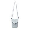 A light blue canvas shoulder bag with a flap and an adjustable strap. It features a logo on the front.