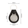 A PU leather keyring in black with a metal circular insert and dimensions displayed.