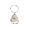 A silver teardrop-shaped trolley coin keyring featuring a round coin element and a keyring attachment.