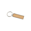 A rectangular wooden keyring with a silver metal loop, featuring a smooth bamboo surface.