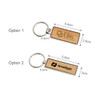 A wooden keyring with a rectangle design, featuring two branding options and a silver metal keyring.