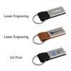 A metal keyring with a PU leather strap in black and brown, featuring areas for laser engraving and UV printing.