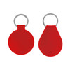 A red PU leather keyring featuring a circular and teardrop shape with a silver metal ring.