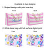 A pink and white striped beach bag with rope handles; a floral printed beach bag with a white base and rope handles.