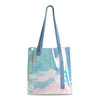 A clear PVC tote bag in iridescent colours with blue handles, featuring a logo on the front.