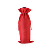 A red drawstring bag made from burlap material, suitable for holding wine bottles. Features a logo.