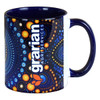 A ceramic coffee mug featuring a blue and white design with a vibrant, colourful pattern and a logo.