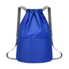 A blue bucket drawstring backpack with grey straps and a front pocket. It features a logo on the front.