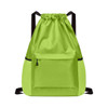 A bright green multi-pocket drawstring backpack featuring a front pocket and a black trim.