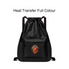 A black drawstring backpack with a front pocket and a circular basketball logo. Features adjustable straps.