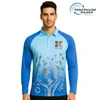 A blue and light blue unisex long-sleeve polo shirt featuring a nature-inspired design and a logo.