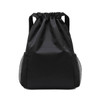 A black fitness drawstring backpack with mesh side pockets and a gathered top. Features a logo.