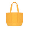 A yellow canvas zippered tote shoulder bag with two handles and a spacious design.