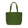 A green canvas zippered tote shoulder bag with two handles and a spacious design. Features a logo on the front.