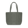 A canvas zippered tote shoulder bag in a muted green colour with long shoulder straps and a simple design.