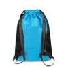 A blue sports drawstring backpack with black mesh side panels and adjustable straps. It features a branding logo.