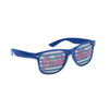 Blue sunglasses featuring a pinhole design and a logo on the lens.