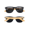 Bamboo sunglasses featuring black lenses and natural bamboo arms, with a logo on one side.