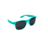 A pair of turquoise RPET sunglasses with dark lenses and a plastic frame.