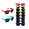 Coloured sunglasses in red, blue, green, purple, yellow, and pink, with black lenses and branding on some frames.
