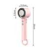 A pink personal cooling fan featuring a circular head, buttons, and a carrying loop. Dimensions are indicated.
