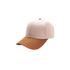 A 6 panel adjustable baseball cap in beige with a brown peak, featuring a branded logo on the front.