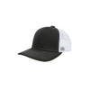 A black and white mesh back trucker hat with a curved brim and stitching details. It has a logo on the front panel.