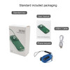 A green folding neck fan with a phone stand, USB-C cable, user manual, and lanyard in standard packaging.