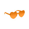 Heart-shaped sunglasses in vibrant orange with transparent frames and tinted lenses. Suitable for festive occasions.