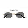 Oval retro sunglasses with a gold frame and dark lenses, featuring black temple arms and a logo.