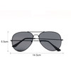 Classic aviator sunglasses with black frames and dark lenses, featuring a logo on the design. Dimensions included.