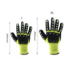 Heavy-duty safety work gloves in yellow and black, featuring reinforced thumb web and varying sizes indicated.