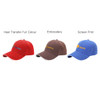 Three caps in red, brown, and blue, featuring logos with different printing styles: heat transfer, embroidery, and screen print.