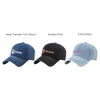 A 6-panel denim baseball cap in dark blue, black, and light blue, featuring various logos and stitching styles.