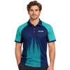 A men's polo shirt in navy blue with teal and red accents, featuring a logo and a modern geometric design.