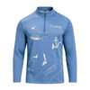 A light blue fishing pullover with a 1/4 zip, featuring marine-inspired graphics and a logo.