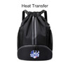 A black drawstring backpack featuring a mesh design and a separate compartment, with a logo on the lower part.