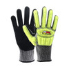 Heavy duty safety work gloves featuring bright yellow protective padding and a black and grey fabric base.