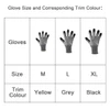 A table featuring cut resistant nitrile gloves in grey, with corresponding trim colours of yellow, grey, and black for sizes M, L, and XL.