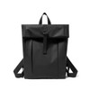 A black tarpaulin roll top backpack with adjustable straps and a secure fastening. Includes branding on the front.
