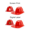 A red PVC fire chief hat with a glossy finish, featuring different branding options on two hats.