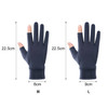 Two pairs of sun protective gloves in navy blue, featuring two open fingers. Dimensions for medium and large sizes are included.