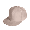 A beige 6-panel trucker cap with a flat brim and a logo on the side.